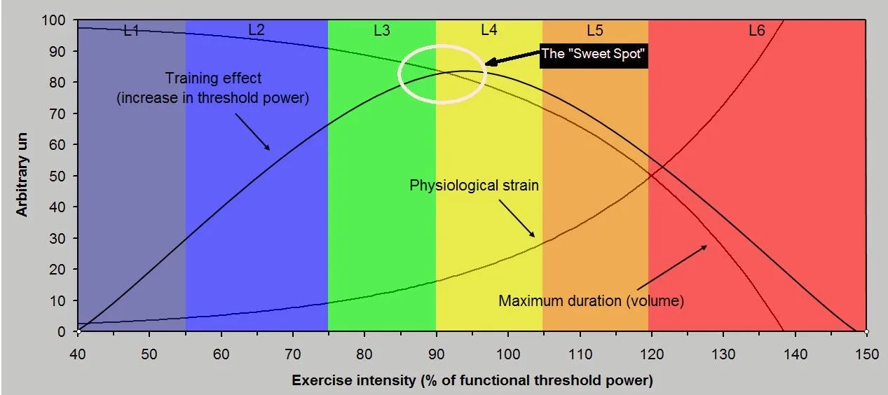 Chart plotting training effect against physiological strain across exercise intensity, with the sweet spot marked
